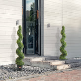 Two spiral topiary plants in pots on a stone pathway in front of a modern building.