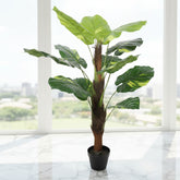 Artificial potted plant with large green leaves on a white background