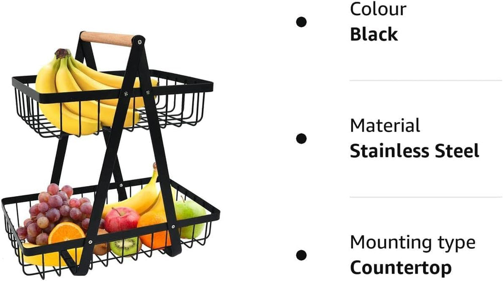 CARLA HOME 2-Tier Fruit Basket Stand for Kitchen Countertop for Fruits, Vegetables, Bread & Snacks with Wooden Handle-1978962253923356678