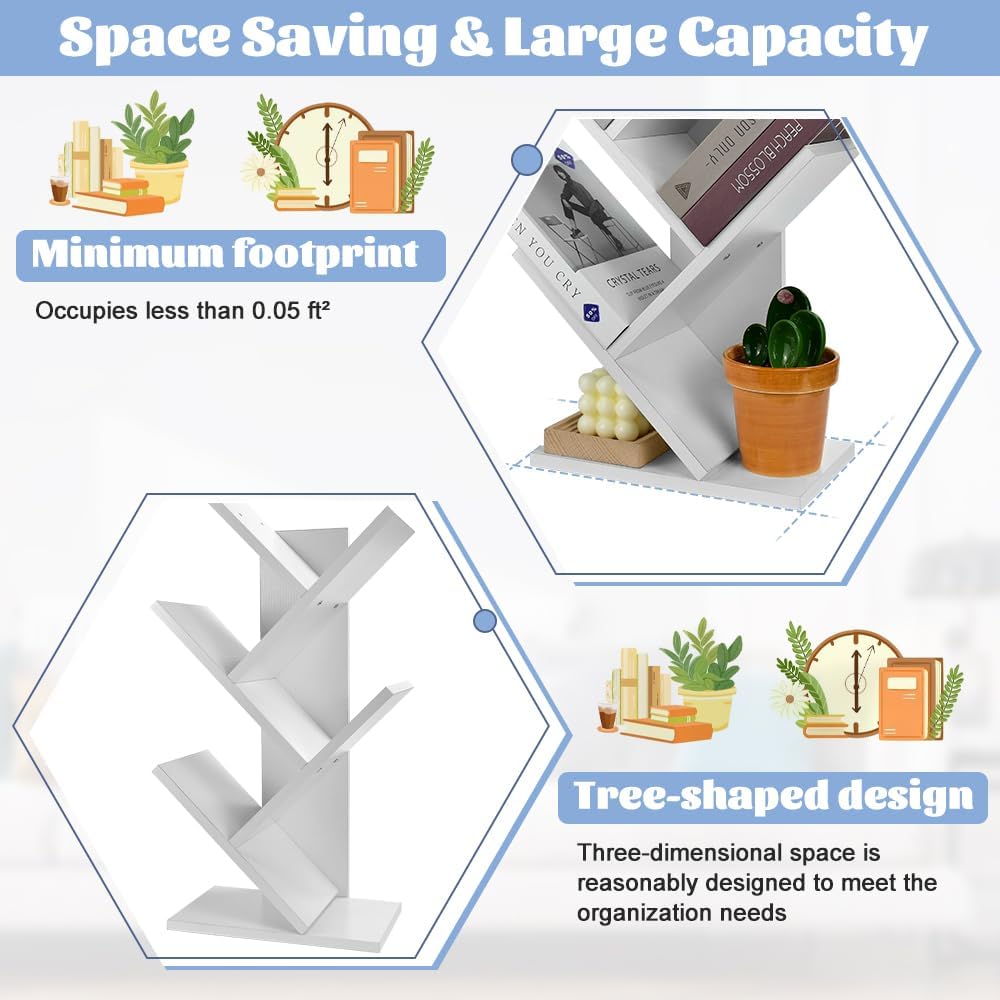 CARLA HOME 5-Tier Tree Bookshelf Storage Rack for Home Office or Bedroom (White)-1978962255659798533