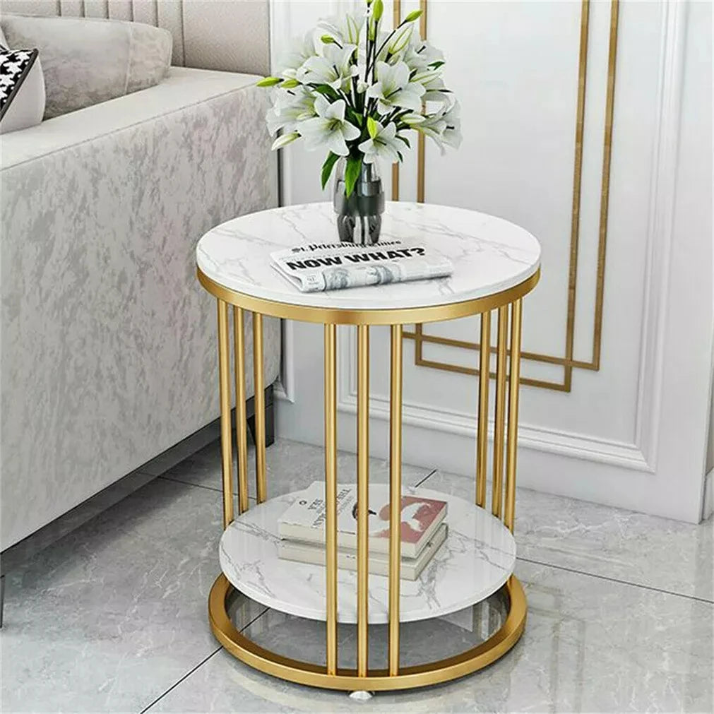Round Sintered Stone End Table with Metal Frame – Durable Side Table for Living Room, Bedroom & Office