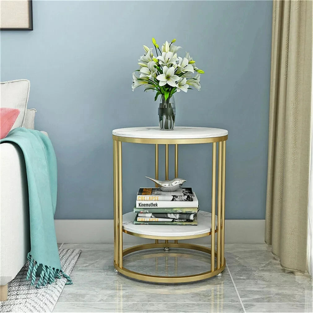 Round Sintered Stone End Table with Metal Frame – Durable Side Table for Living Room, Bedroom & Office