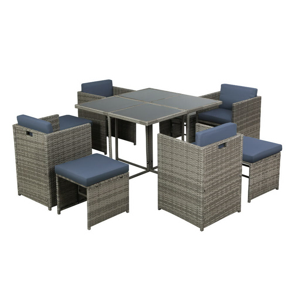 Outdoor Dining Set 9-Piece Wicker Table Chairs Setting Grey