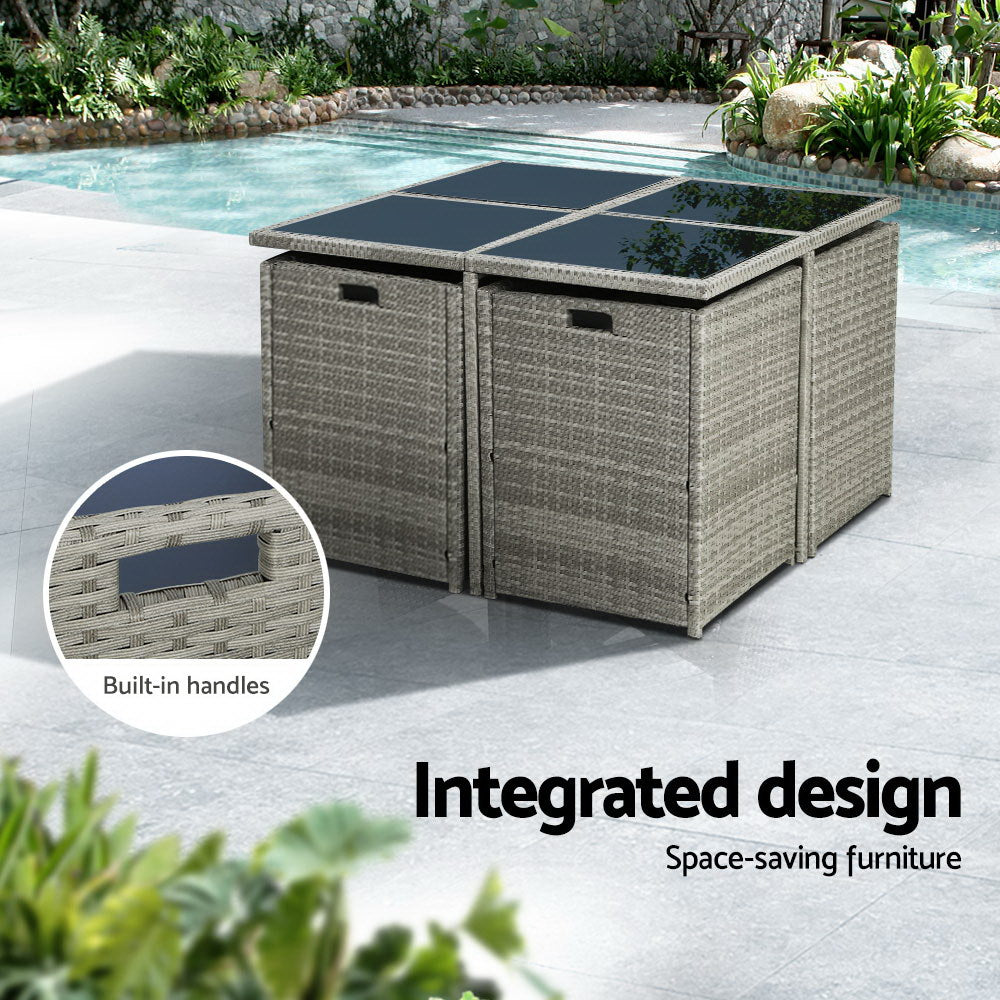 Outdoor Dining Set 9-Piece Wicker Table Chairs Setting Grey