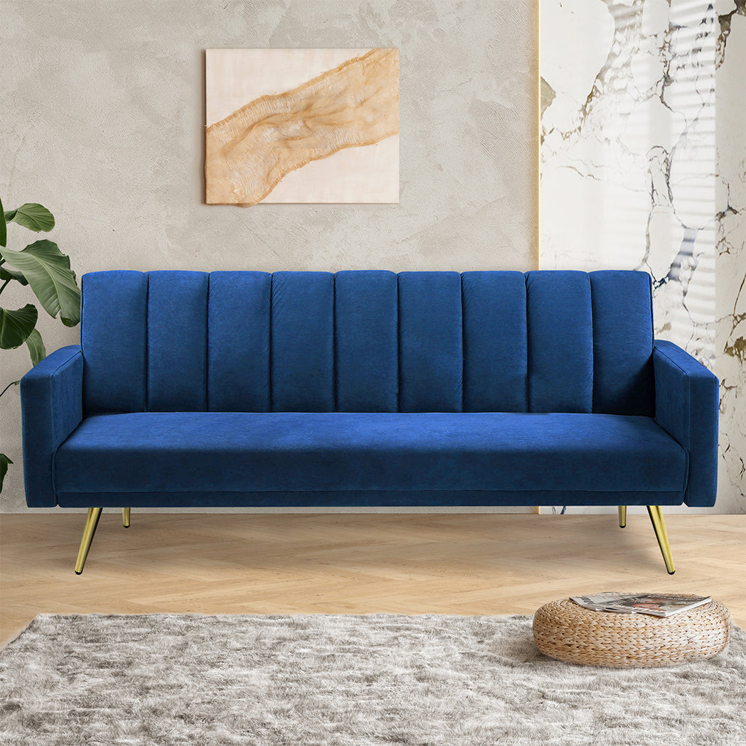 Levede Sofa Bed Convertible Velvet Lounge Recliner Couch Sleeper 3 Seater Blue-1973193800213991431