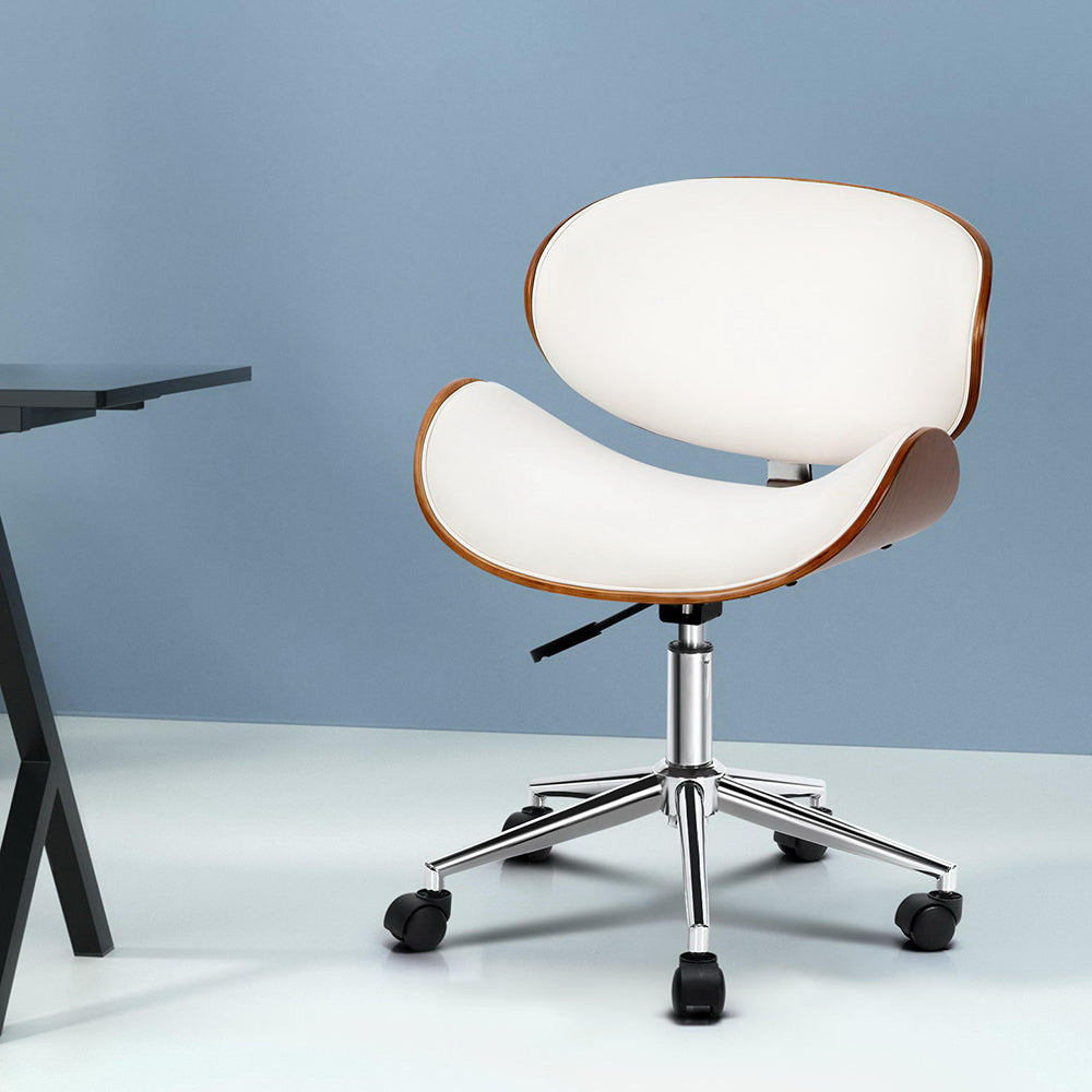 Wooden & PU Leather Office Desk Chair - White