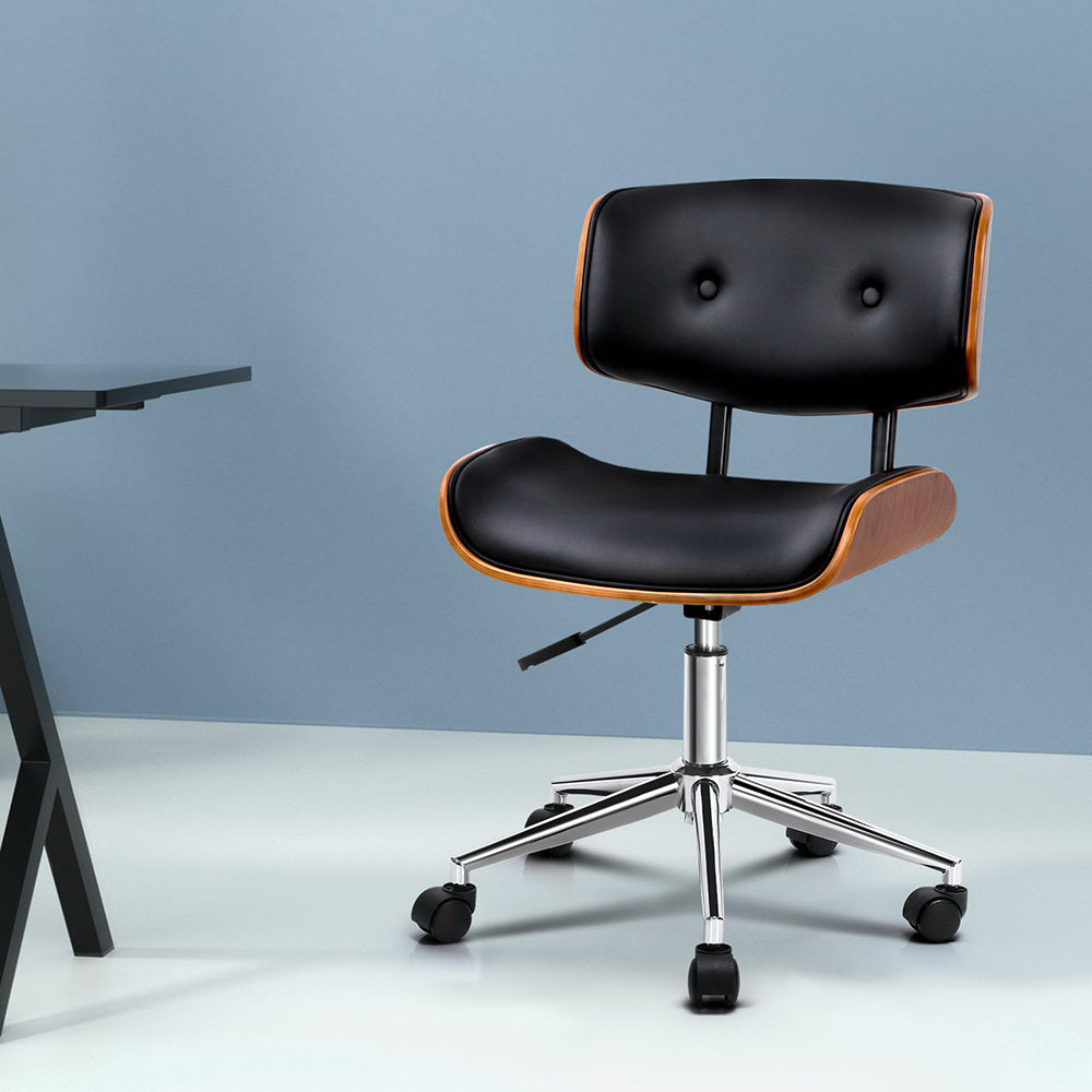 Wooden & PU Leather Office Desk Chair - Black