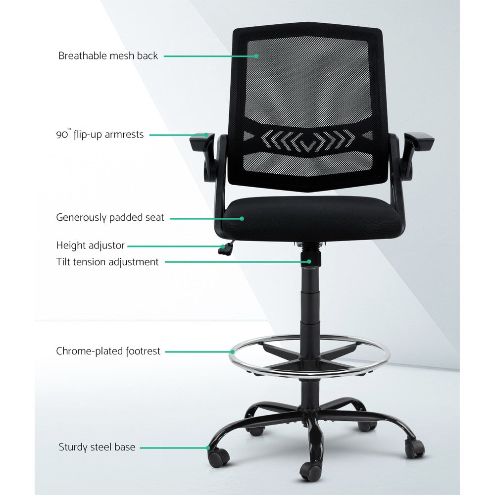 Office Chair Veer Drafting Stool Mesh Chairs Flip Up Armrest Black