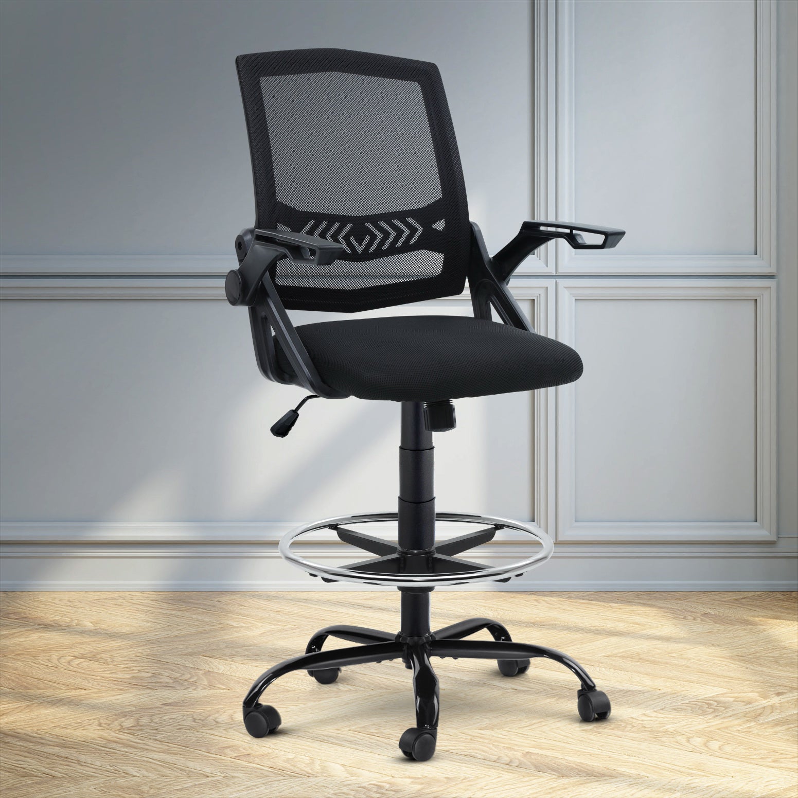 Office Chair Veer Drafting Stool Mesh Chairs Flip Up Armrest Black