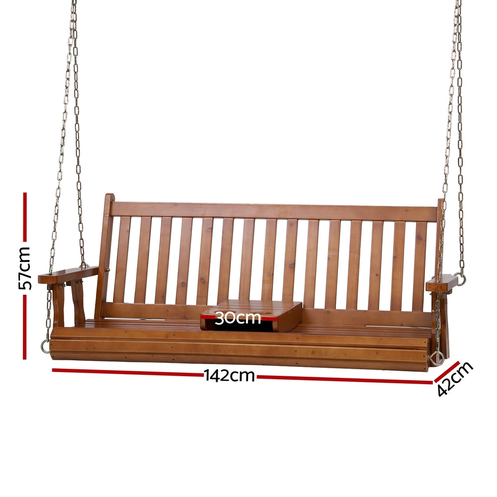 2-Seater Wooden Outdoor Swing Chair Porch Outdoor Patio Furniture Wooden Bench 2 Seat Cup Holder