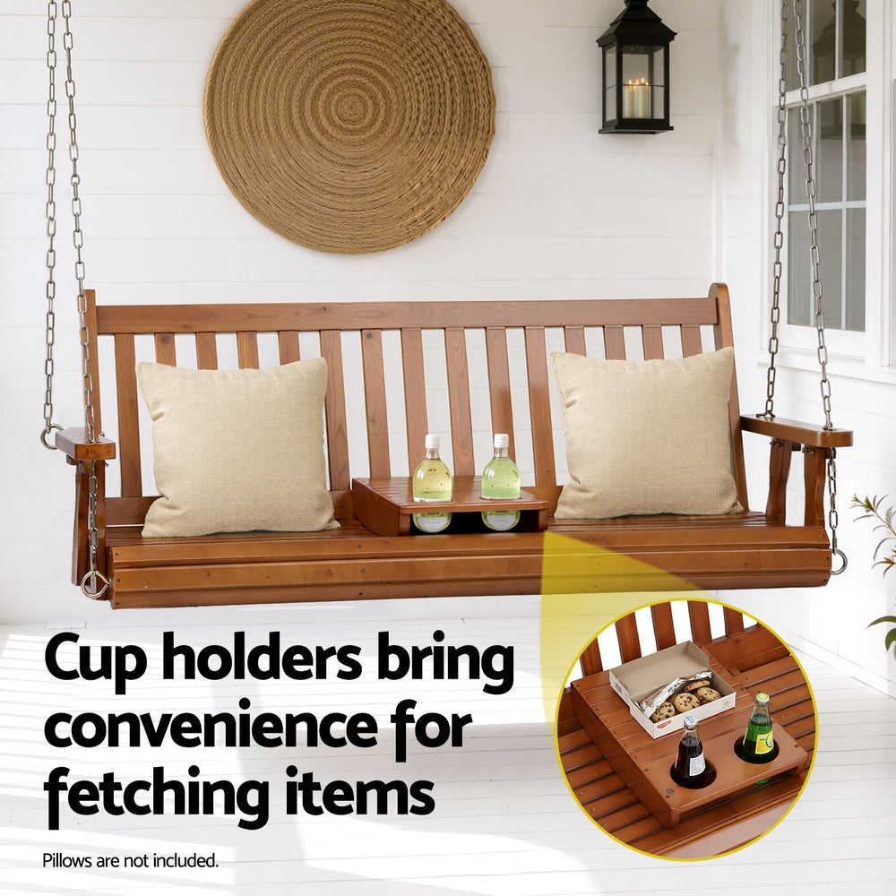 2-Seater Wooden Outdoor Swing Chair Porch Outdoor Patio Furniture Wooden Bench 2 Seat Cup Holder
