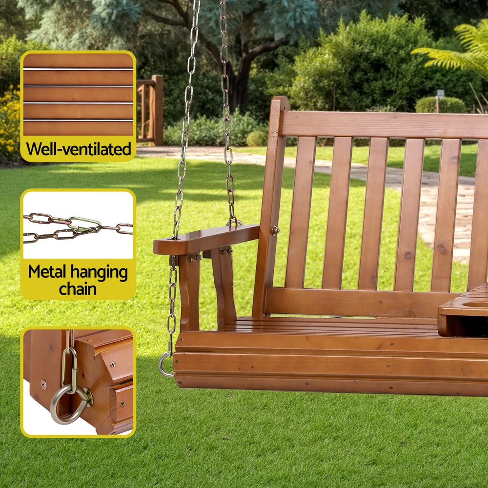 2-Seater Wooden Outdoor Swing Chair Porch Outdoor Patio Furniture Wooden Bench 2 Seat Cup Holder