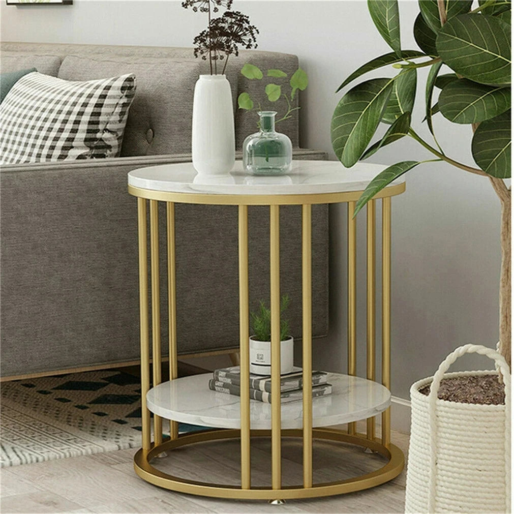 Round Sintered Stone End Table with Metal Frame – Durable Side Table for Living Room, Bedroom & Office