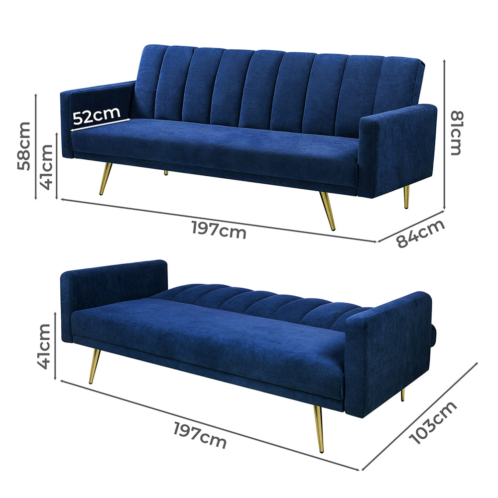 Levede Sofa Bed Convertible Velvet Lounge Recliner Couch Sleeper 3 Seater Blue-1973193800213991426
