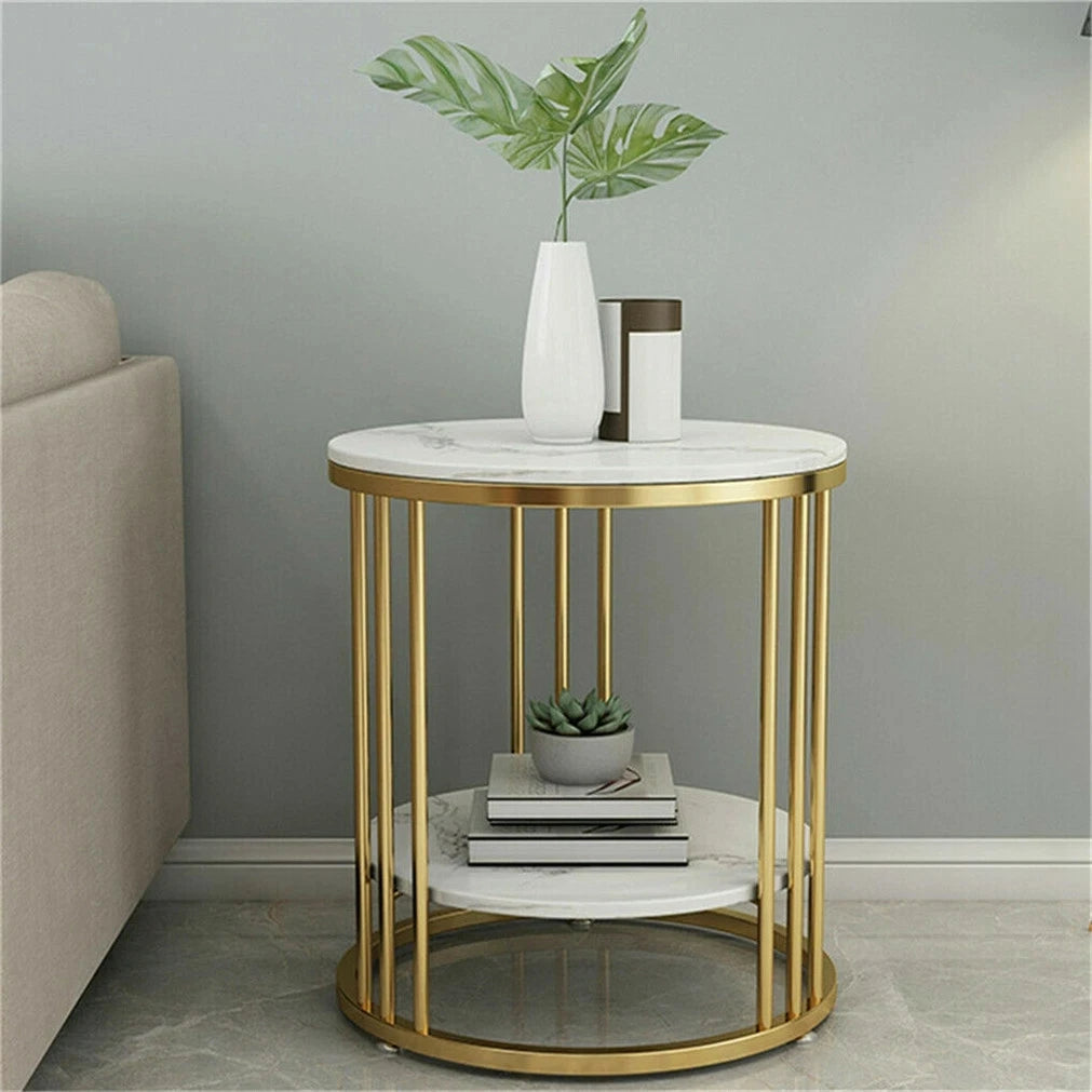 Round Sintered Stone End Table with Metal Frame – Durable Side Table for Living Room, Bedroom & Office