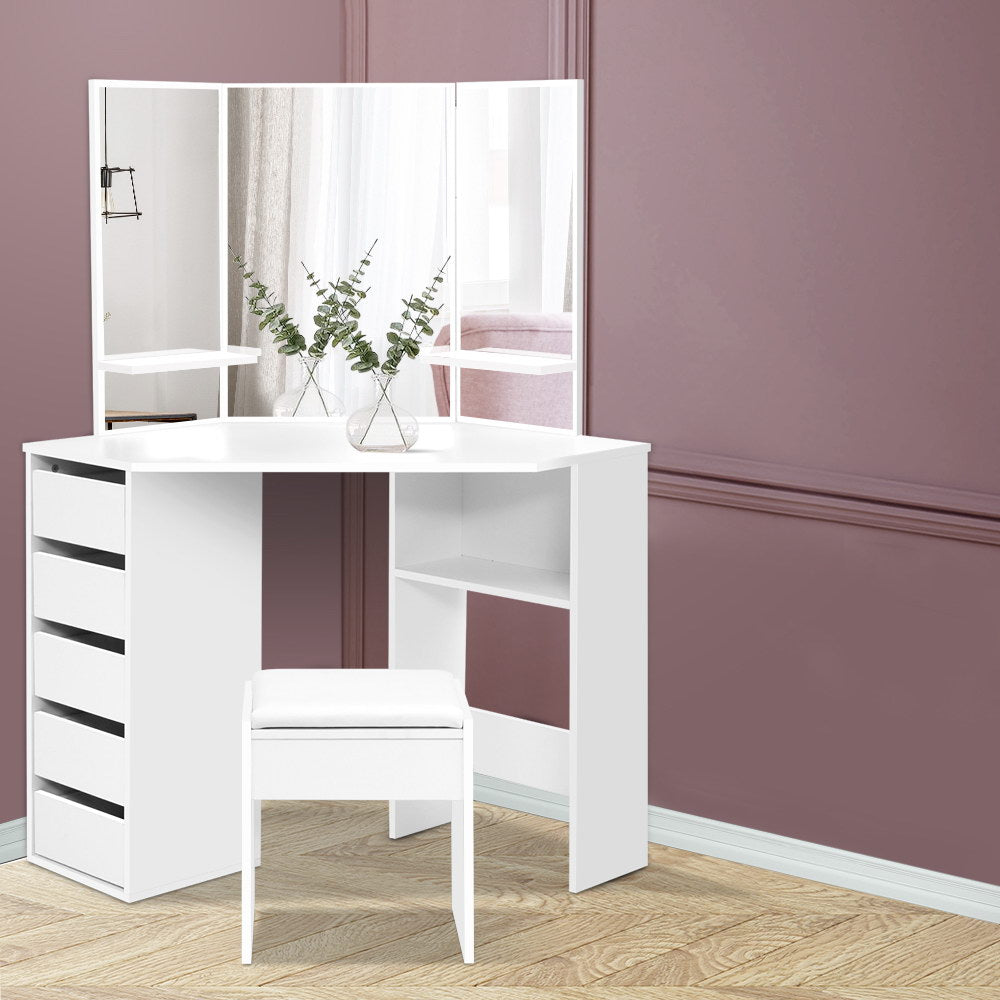 Corner Dressing Table With Mirror Stool White