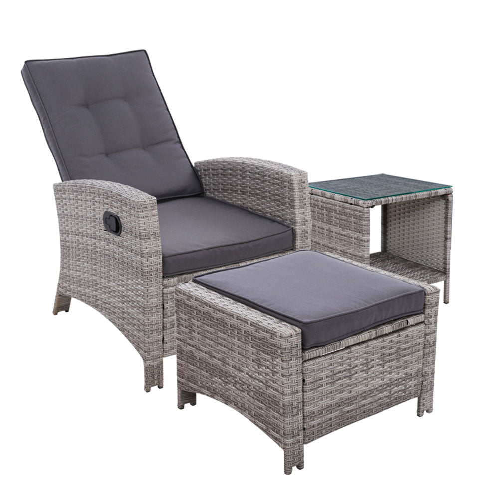 Outdoor Setting Recliner Chair Table Set Wicker lounge Patio Furniture Grey