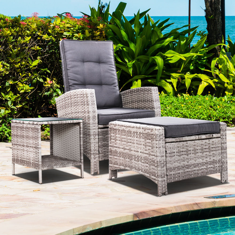 Outdoor Setting Recliner Chair Table Set Wicker lounge Patio Furniture Grey