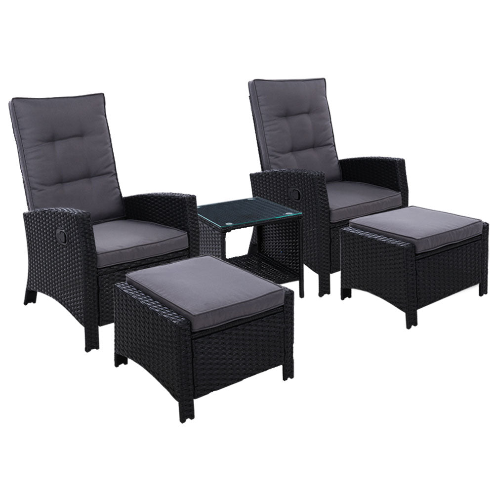Outdoor Patio Recliner Chairs Table Setting Wicker Lounge 5pc Black