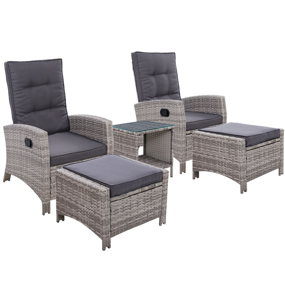Outdoor Patio Recliner Chairs Table Setting Wicker Lounge 5pc Grey
