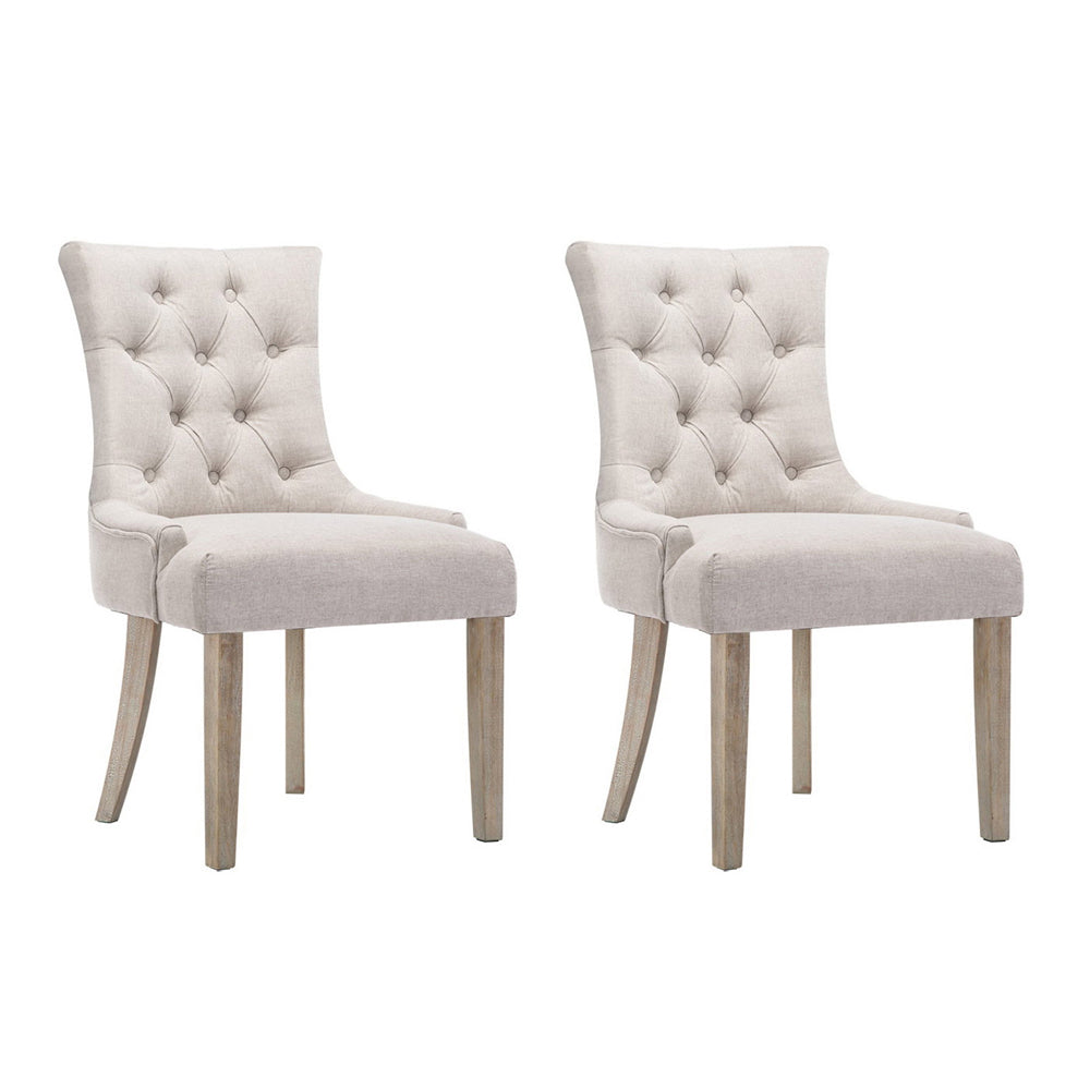 2x Dining Chair Beige French Provincial Chairs Wooden Fabric Retro Cafe
